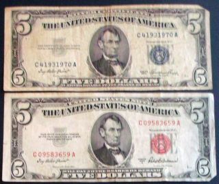 One 1953 $5 Silver Certificate & One 1953a $5 United States Note (09583659a) photo