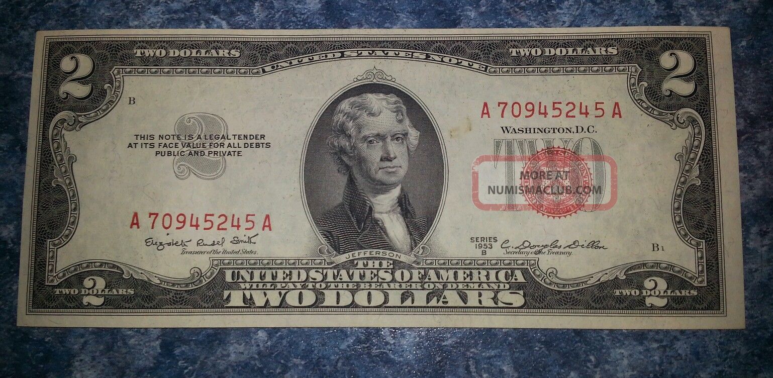 U S Two Dollar Bill Series 1953 Red Seal Uncirculated$2 Note Paper Money