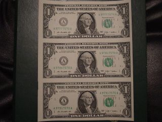 Uncut Sheet Of (3) $1 One Dollar Bills Series 2009,  Real Currency photo