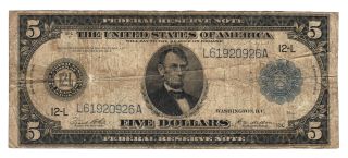 $5 1914 San Francisco Ca Federal Reserve Note Blue Seal Five Dollars Gold Bill photo