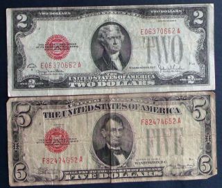 One Red Seal 1928g $2 & One Red Seal 1928c $5 United States Note (f82474652a) photo