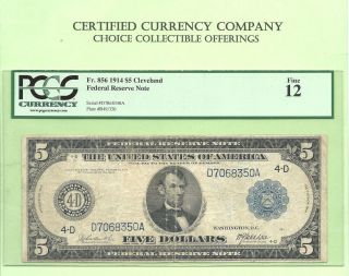 1914 $5 Cleveland Ohio Fr 856 Federal Reserve Note Pcgs Fine 12 photo