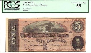 Rare 1864 $5.  Civil War Confederate Bank Note Pcgs Certified 55ppq photo