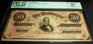1864 $50 Confederate States Of America Note T - 64 (pcgs 58) S/n 59975 Pp Aw photo