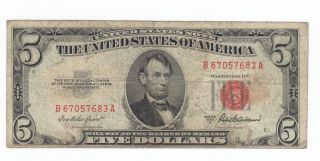 1953a Red Seal $5.  00 United States Note B67057683a Lincoln Five Dollar Bill photo
