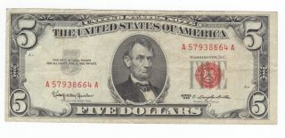 Crisp 1963 Red Seal $5.  00 United States Note A57938664a Lincoln Five Dollar Bill photo