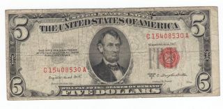 1953b Red Seal $5.  00 United States Note C15408530a Lincoln Five Dollar Bill photo