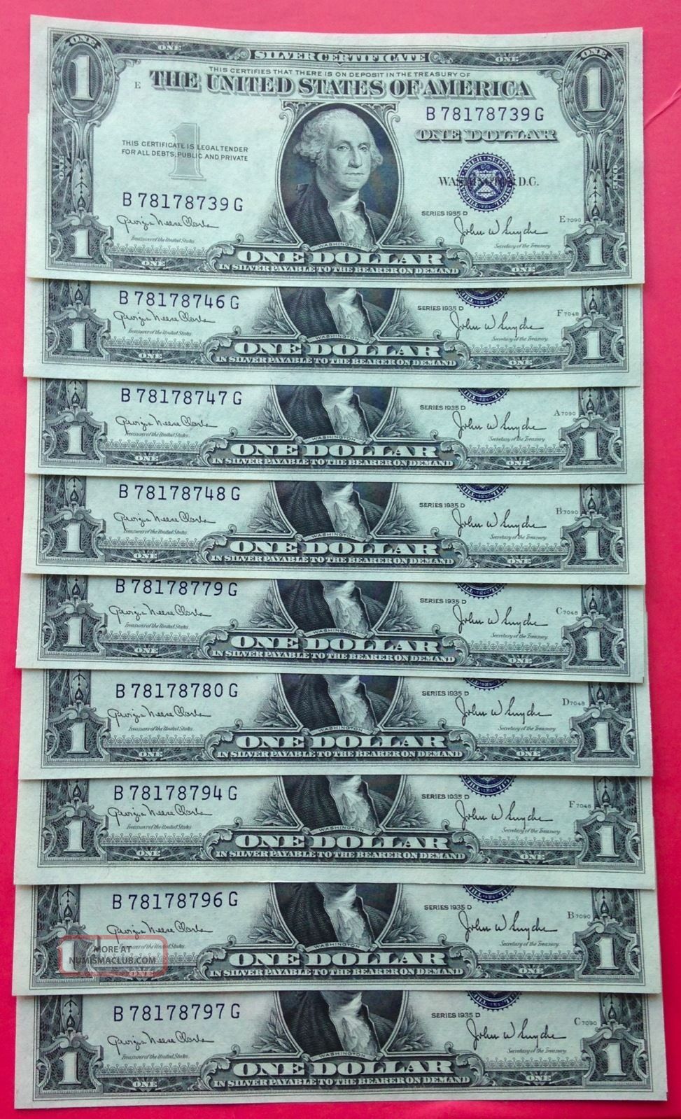 9 $1 One Dollar Bill Blue Seal Silver Certificates 1935 D Wide Consec