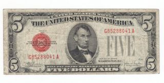 Rare 1928e Red Seal $5.  00 United States Note G85288041a Lincoln Five Dollar Bill photo
