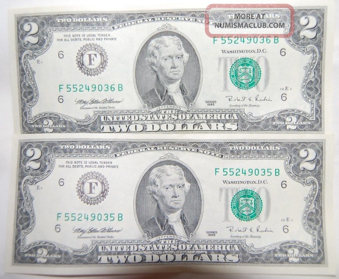 Two Dollar Bills Consecutive Numbered Usa Federal Reserve Note.