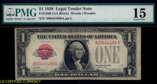 $1 1928 Legal Tender Note Fr.  1500 (aa Block) Pmg 15 Choice Fine - S/n 00444486 photo