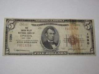 $5 1929 Oneida York Ny National Currency Bank Note Bill Ch 1090 Rare photo