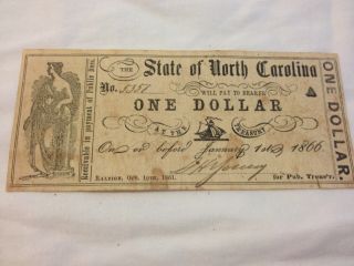 1861 State Of North Carolina $1 Bill Confederate Currency One Dollar photo