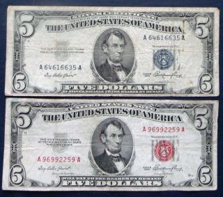 One 1953 $5 Silver Certificate & One 1953 $5 United States Note (a96992259a) photo