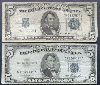 One 1934d $5 & One 1953 $5 Blue Seal Silver Certificate (d11366311a) photo