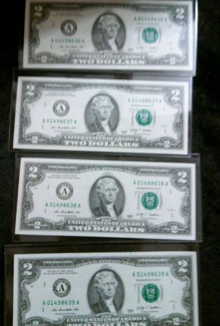 Fancy 2 Dollar Bills (4) Consecutive Serial Numbers.  Uncirculated Series 2009 photo