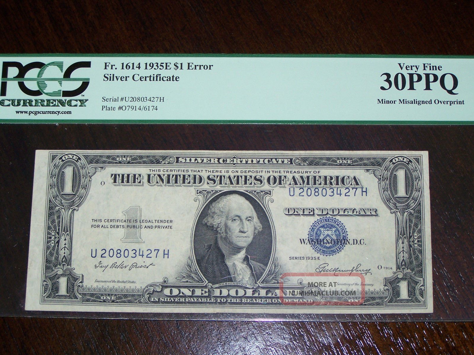 1935e $1 Error Silver Certificate Minor Misaligned Overprint Pcgs Vf