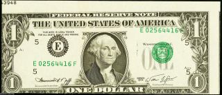 Us 1908 - E $1 1974 Federal Reserve Note - Cut Error - A - Unc photo