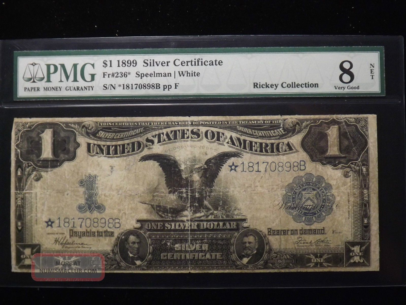 1899 $1 One Dollar Star Black Eagle Silver Certificate Certified Pmg Vg 8