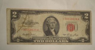 1953 Star Red Seal $2.  00 Bill - United States.  Note - Number 00018639 A photo