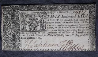 Maryland Annapolis April 10,  1774 Colonial Currency $8 Note photo
