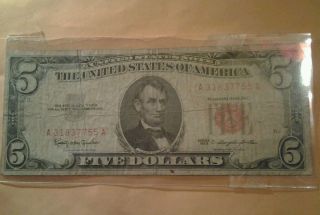 1 - 1963 Red Seal Fed.  Res.  $5 Doller Bill photo