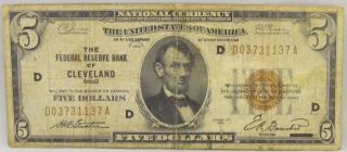1929 $5 Federal Reserve Bank Of Clevevland National Currency Note photo