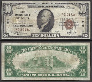 Replacement Note==$10 1929 Fnb St Louis==rubber Stamped Serials photo