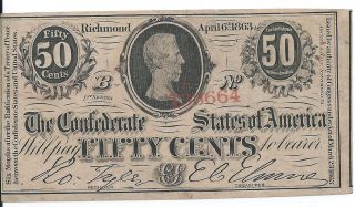 1863 Confederate States Of America Fifty Cent 50c Note; Au - Cu ; T63; Richmond photo