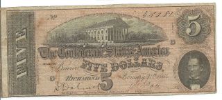 1864 Confederate States Of America Csa Five Dollar $5 Note; Richmond photo