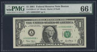 2001 $1.  00 Frn Star Note Boston District A Block Run 1 A00064808 Unc Pmg Gem66 photo