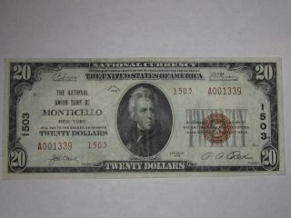 $20 1929 Monticello York Ny National Currency Bank Note Bill Ch 1503 Vf++ photo