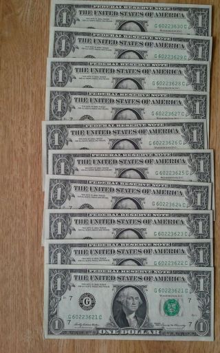 10 Uncirculated Consecutive 1969 (g - Chicago Frb) $1 Dollar Bill photo