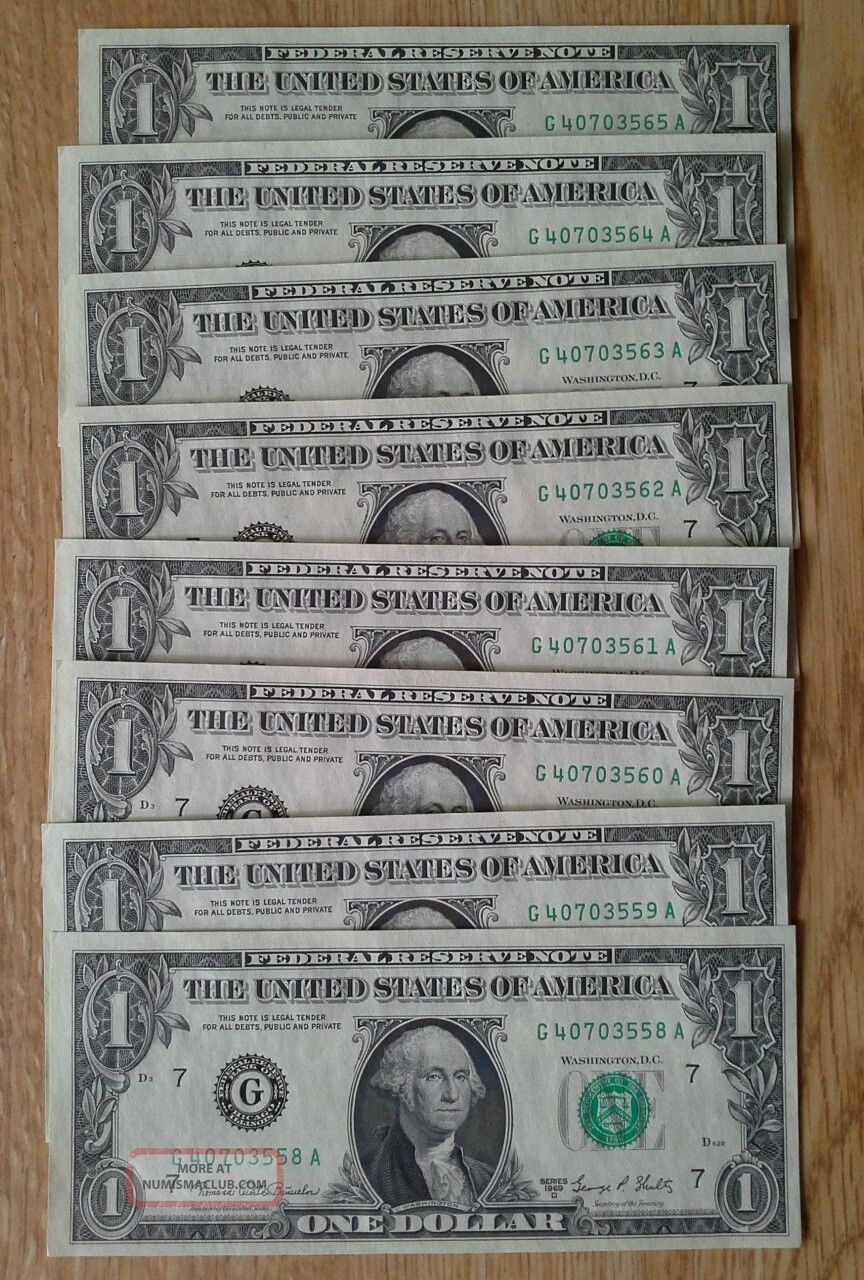 8 Uncirculated Consecutive 1969 D $1 Dollar Bill Small Size Notes photo