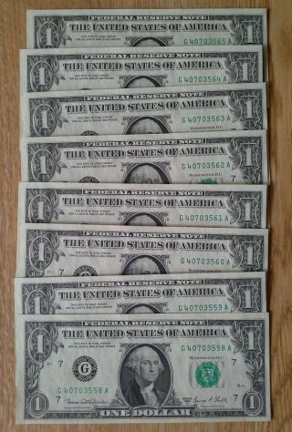 8 Uncirculated Consecutive 1969 D $1 Dollar Bill photo