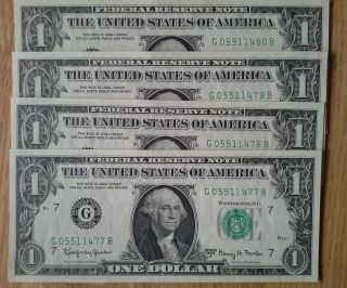 4 Consecutive Uncirculated 1963 A $1 Dollar Bills (chicago Federal Reserve Bank) photo