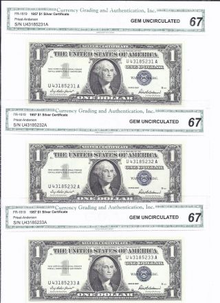 3 Consecutive Silver Certificate 1957 Fr - 1619 $1 U - A Block Cga Gem - Unc 31 32 33 photo
