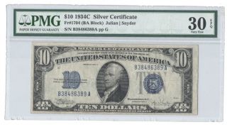 1934c $10 Silver Certificate Fr - 1704,  Pmg Graded Vf 30 photo