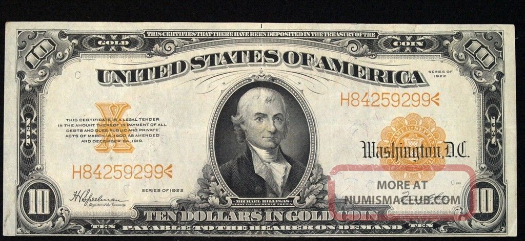 1922 $10 Gold Note Crisp Au (b6026) Large Size Notes photo