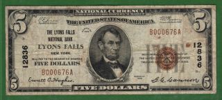 {lyons Falls} $5 The Lyons Falls Nb Lyons Falls Ny Ch 12836 One Bank Town photo