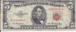 $5 Five Dollar United States Note 1953 Red Seal Priest - Humphrey, photo