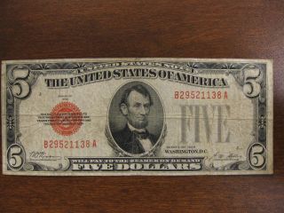 1928 ($5) Red Seal 5 Dollar Note F/f+ photo