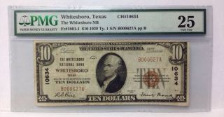 1929 $10 Whitesboro,  Texas National Note - Rare Low Serial - Pmg Very Fine 25 photo