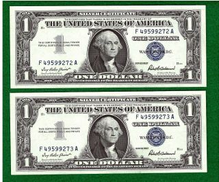 2 1957 Consecutive & Uncirculated One Dollar Silver Certificates photo