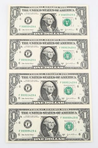 2003 Us $1 Uncut Sheet (4) Dollar Unc Federal Reserve Note Uncirculated $4 Face photo