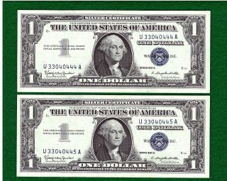 2 1957 B Consecutive & Uncirculated One Dollar Silver Certificates photo