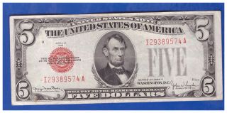 1928f 5 Dollar Bill Old Us Note Legal Tender Paper Money Currency Red Seal K - 75 photo