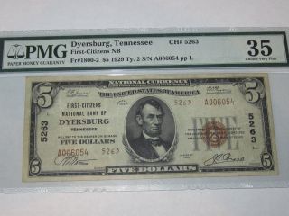 $5 1929 Dyersburg Tennessee Tn National Currency Bank Note Bill Ch.  5263 Vf photo