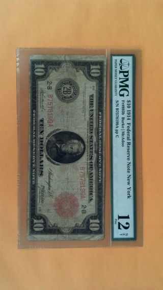 1914 $10 Federal Reserve Red Seal Note - Pmg Graded As 12 Fine Net photo