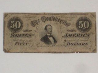 Hand Signed Civil War Confederate $50 Bill Us Paper Money Feb 17 1864 photo
